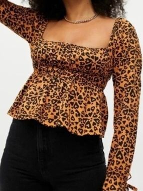 Urban Outfitters Mustard and Black Leopard Smocked Long Sleeve Top